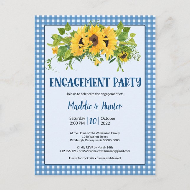 Postal De Invitación Partido de compromiso de Gingham y Sunflower Rusti (Anverso)
