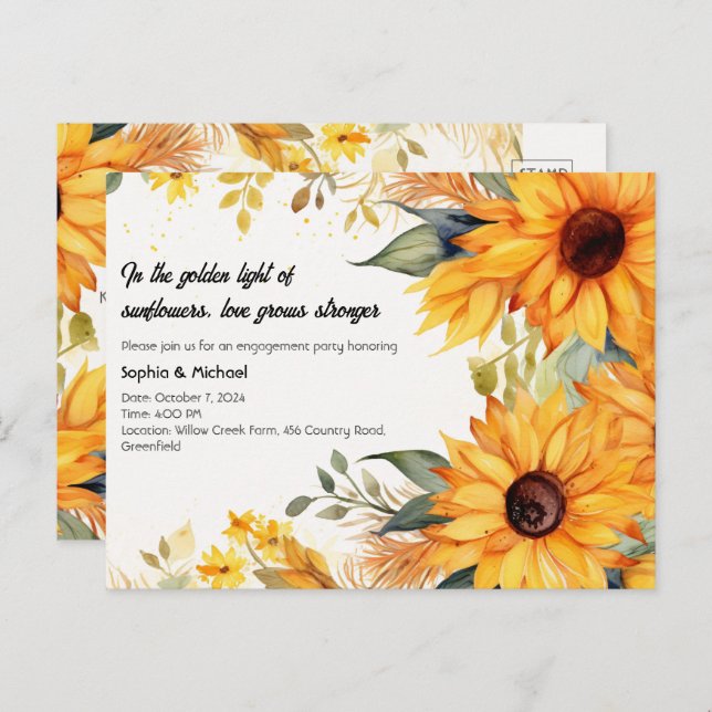 Postal De Invitación Partido de compromiso de girasol ruso (Anverso / Reverso)