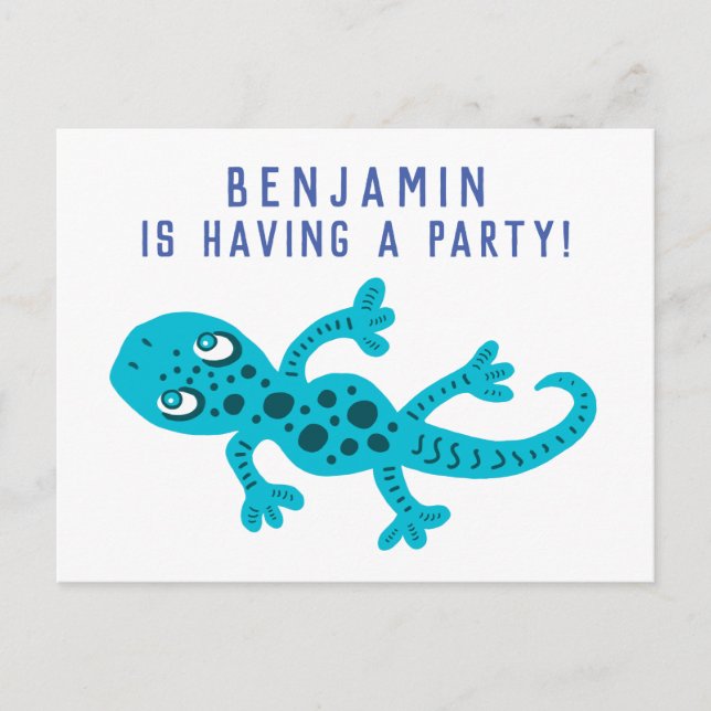 Postal De Invitación Partido de cumpleaños Cute Blue Gecko Lizard (Anverso)