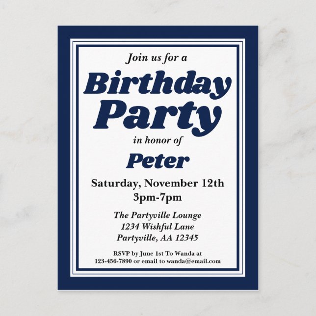 Postal De Invitación Partido de cumpleaños de Adultos Azules de la Mari (Anverso)