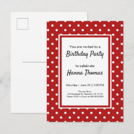 Postal De Invitación Partido de Cumpleaños del Punto de Polka Blanco Ro