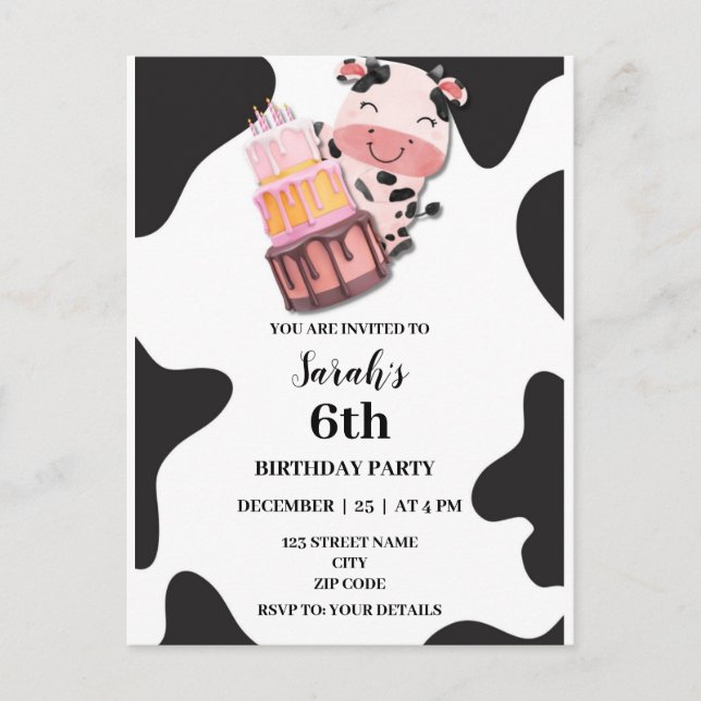 Postal De Invitación Partido de Cumpleaños del Tema de la Vaca Occident (Anverso)