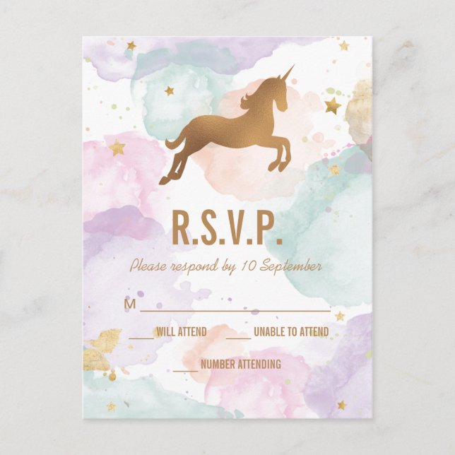 Postal De Invitación Partido de Cumpleaños Pastel Unicornio RSVP (Anverso)
