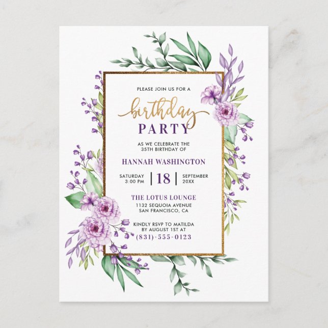 Postal De Invitación Partido de cumpleaños Purple Floral con guión de P (Anverso)