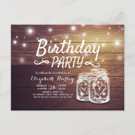 Postal De Invitación Partido de Cumpleaños Rustic Wood Mason Jar String