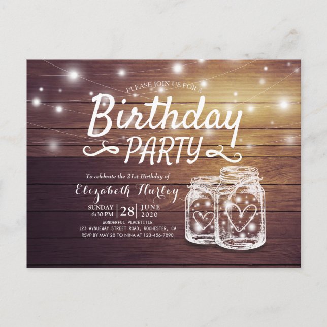 Postal De Invitación Partido de Cumpleaños Rustic Wood Mason Jar String (Anverso)