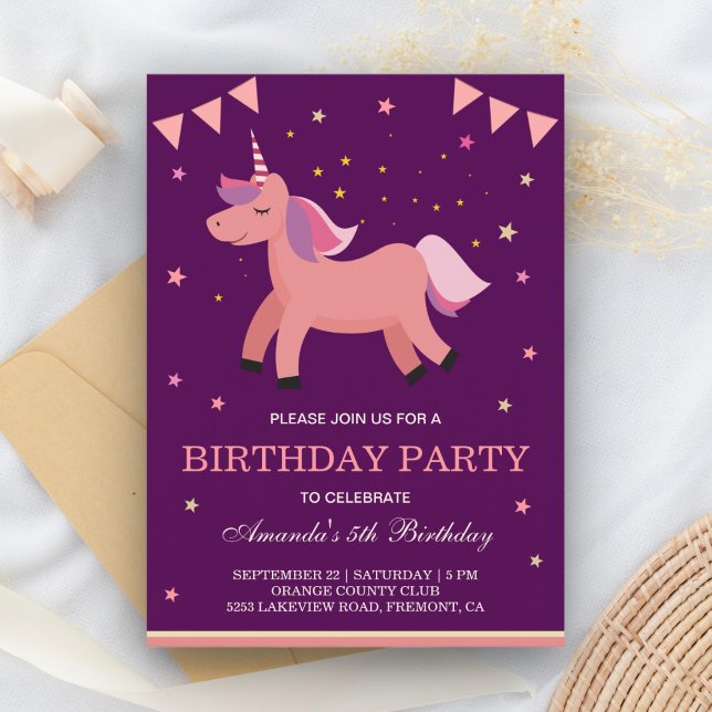 Postal De Invitación Partido de cumpleaños Unicornio, mágico rosa de sa (Subido por el creador)