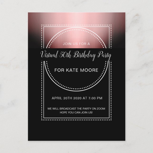 Postal De Invitación Partido de Cumpleaños Virtual Rosa Metálico Oro Ne (Anverso)