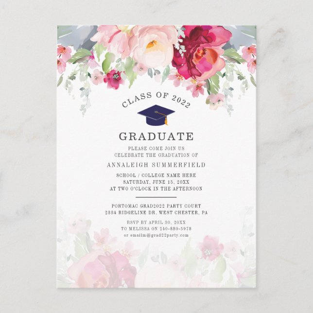 Postal De Invitación Partido de Graduación 2025 de Floral Rosa Moderna (Anverso)