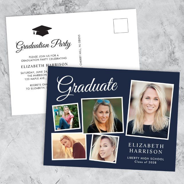 Postal De Invitación Partido de graduación azul de 5 Collages de fotos  (A personalized photo graduation party invitation to celebrate the graduate's achievements)