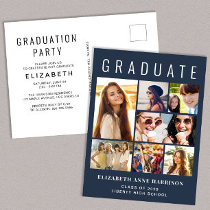 Postal De Invitación Partido de Graduación Azul de Collage de fotos Mod