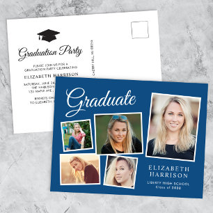Postal De Invitación Partido de Graduación Azul de Collage de fotos Mod
