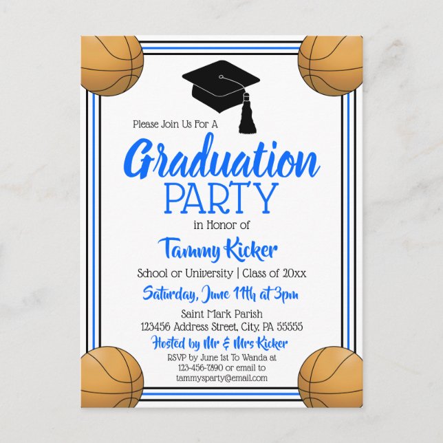 Postal De Invitación Partido de Graduación Azul y Negro del Baloncesto (Anverso)