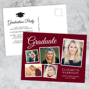 Postal De Invitación Partido de Graduación Borgoña de Collage de fotos