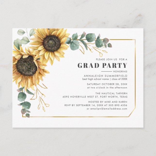 Postal De Invitación Partido de Graduación de Floral de Girasol 2025 (Anverso)