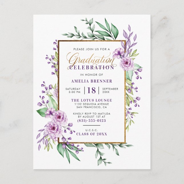 Postal De Invitación Partido de Graduación de Floral Púrpura de Estilo  (Anverso)