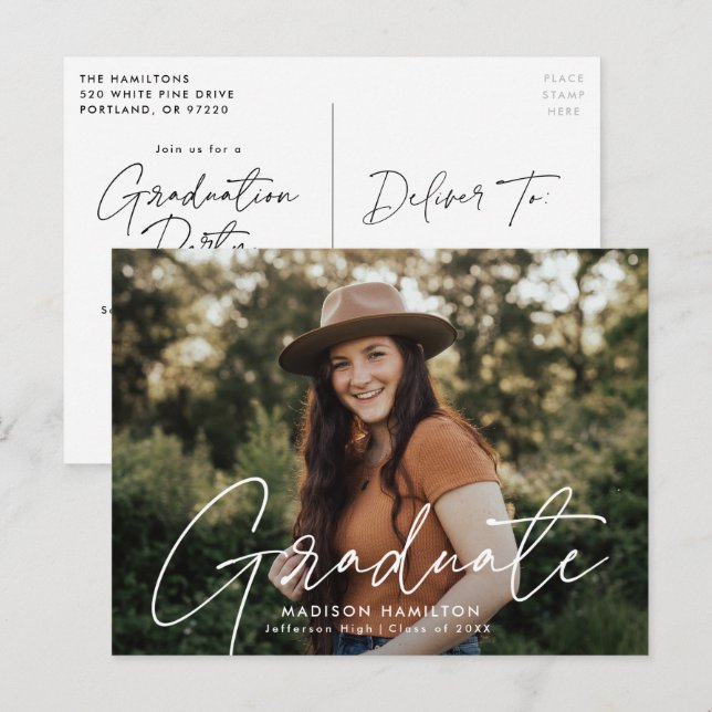 Postal De Invitación Partido de Graduación de Foto con Guión Blanco Mod (Anverso / Reverso)