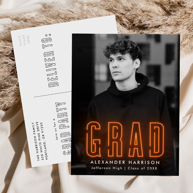Postal De Invitación Partido de Graduación de Foto Neon, Naranja modern (Subido por el creador)