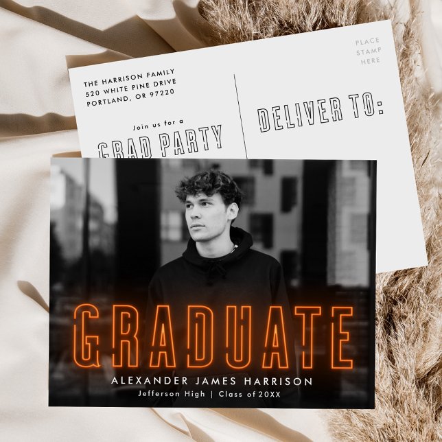 Postal De Invitación Partido de Graduación de Foto Neon, Naranja modern (Subido por el creador)