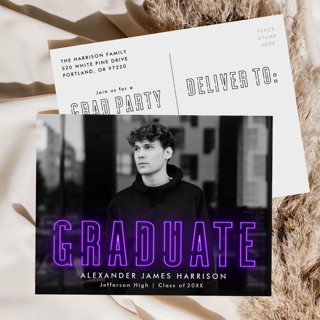 Postal De Invitación Partido de Graduación de Fotografía de Neón Morado (Subido por el creador)