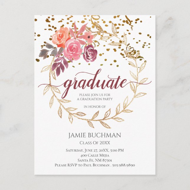 Postal De Invitación Partido de Graduación Floral Pink Marsala, Purpuri (Anverso)