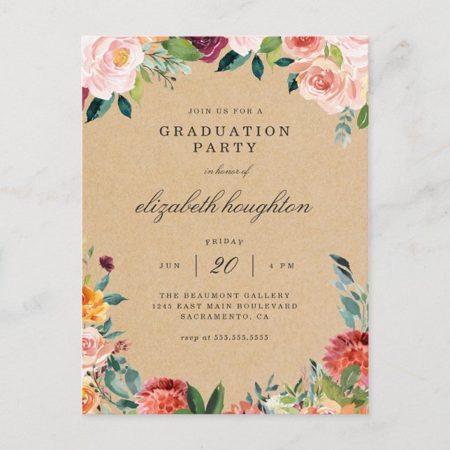 Postal De Invitación Partido de Graduación Floral Rosa Kraft Burgundy R (Anverso)