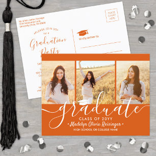 Postal De Invitación Partido de Graduación Naranja moderno y foto blanc