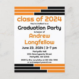 Postal De Invitación Partido de Graduación naranja y Barras Negras
