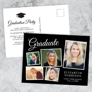 Postal De Invitación Partido de Graduación Negra de Collage de fotos Mo