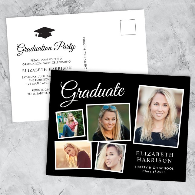 Postal De Invitación Partido de Graduación Negra de Collage de fotos Mo (A personalized photo graduation party invitation to celebrate the graduate's achievements)