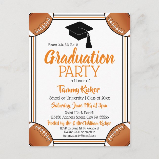 Postal De Invitación Partido de graduación negra y Naranja de fútbol (Anverso)