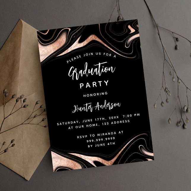 Postal De Invitación Partido de graduación rosa negro moderno (Subido por el creador)