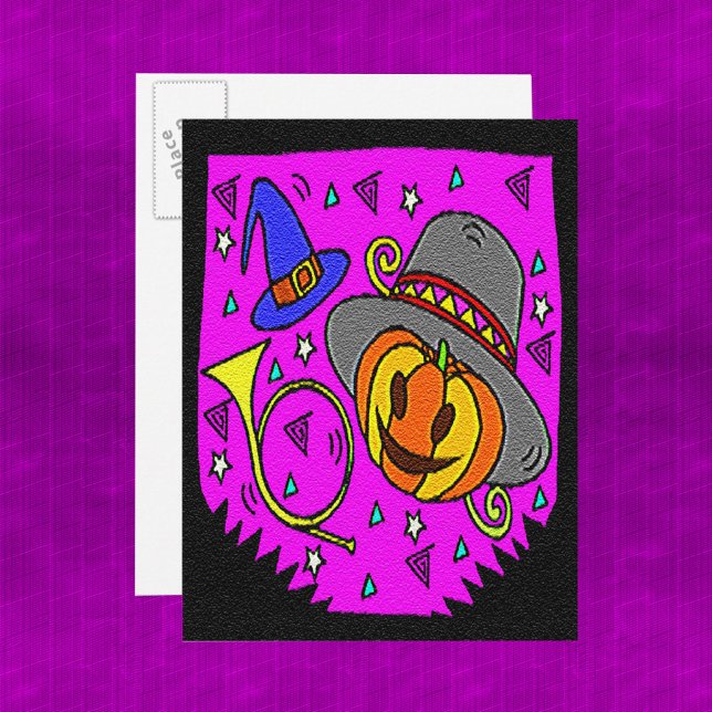 Postal De Invitación Partido Halloween Jack O'Lantern Bugle Purple (Halloween Party, Jack o' Lantern and Bugle Pattern Postcard)
