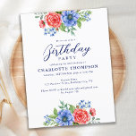Postal De Invitación Partido Patriótico Floral Rojo Blanco Azul<br><div class="desc">Estas elegantes y modernas invitaciones patrióticas de cumpleaños cuentan con hermosas flores acuáticas en tonos rojos, blancos y azules, lo que las convierte en la elección perfecta para el cumpleaños del 4 de julio o cumpleaños militar. El diseño es a la vez patriótico y floral, logrando un perfecto equilibrio entre...</div>