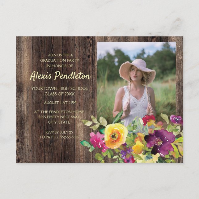 Postal De Invitación Partido Rústico de Graduación Floral Amarillo Púrp (Anverso)