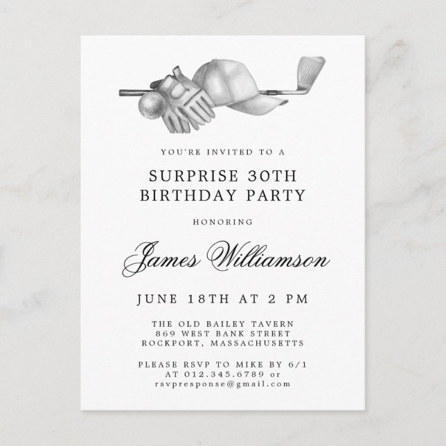 Postal De Invitación Partido SURPRISE Tema 30 del golf de cumpleaños (Anverso)