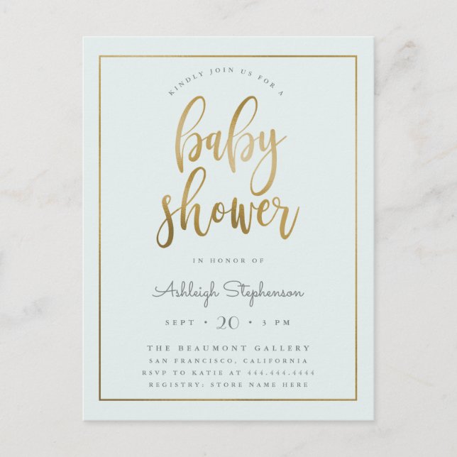Postal De Invitación Pastel Blue & Gold Typography Boy Baby Shower (Anverso)