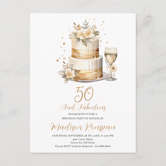 Postal De Invitación Pastel de oro Rosa Champagne 50 cumpleaños (Anverso)