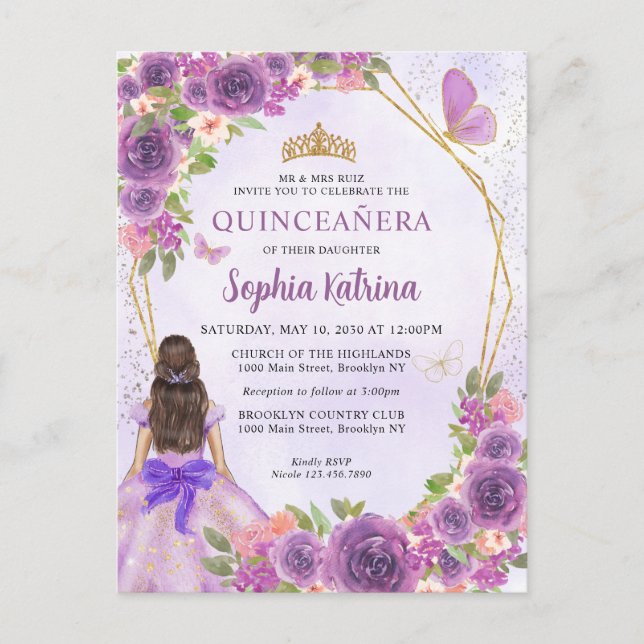 Postal De Invitación Pastel Purple Gold Floral Princesa Quinceañera (Anverso)