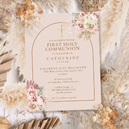 Postal De Invitación Pasto de Pampas Rosa Arco Dorado Primera Comunión
