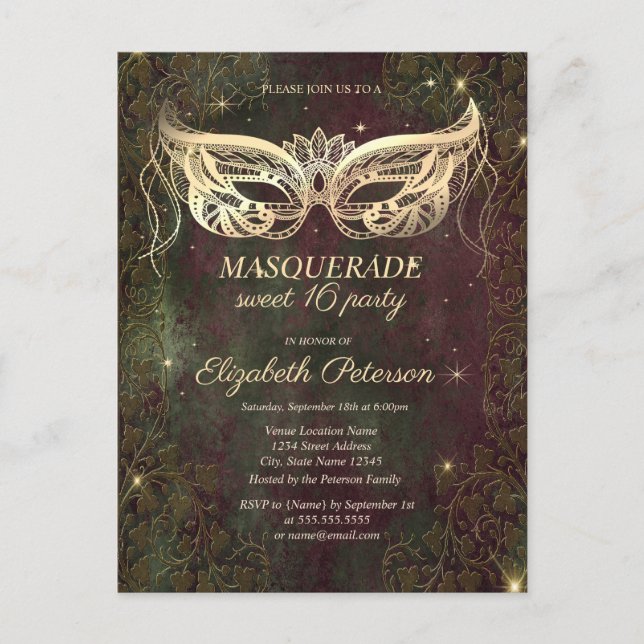 Postal De Invitación Patina Copper Gold Masque Sweet 16 (Anverso)