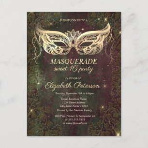 Postal De Invitación Patina Mascarilla Dorada Cobre Dulce 16