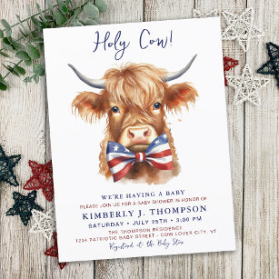 Postal De Invitación Patriotic Highland Cow Farm Animal Baby Shower