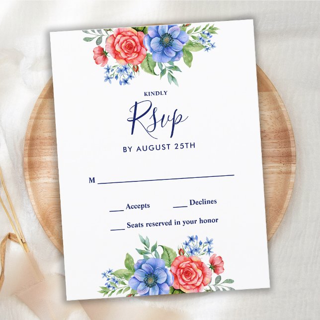 Postal De Invitación Patriótico Floral Blanco Rojo Boda Azul RSVP (Subido por el creador)