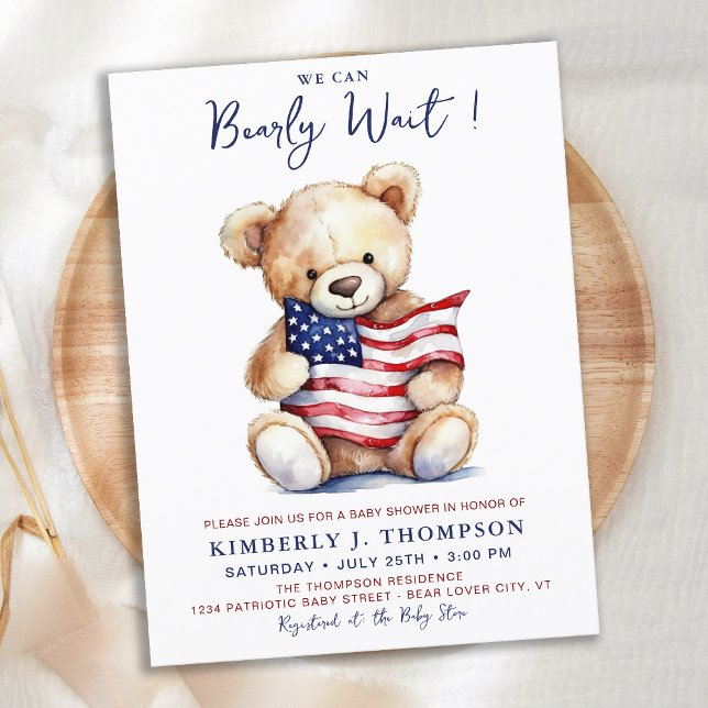Postal De Invitación Patriótico Teddy Bear Red White Blue Baby Shower (Subido por el creador)
