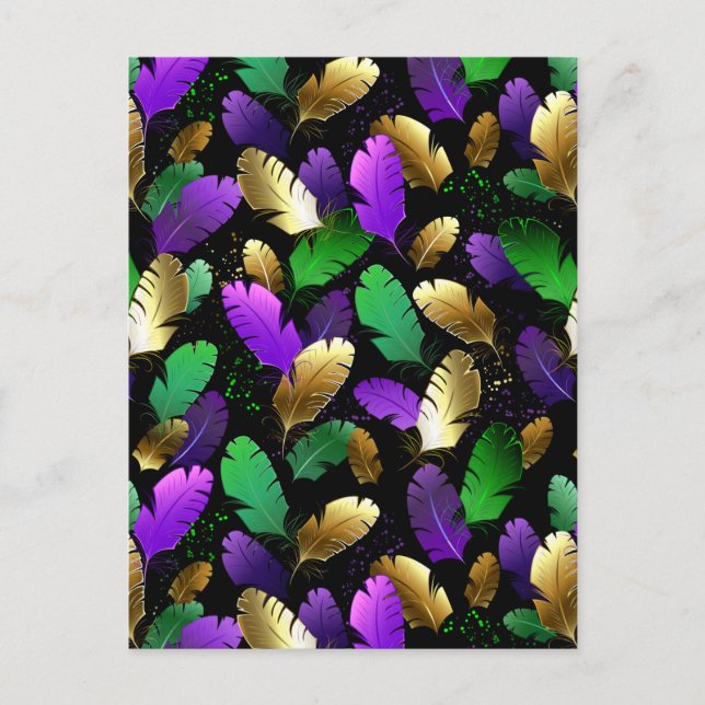 Postal De Invitación Patrón continuo con plumas de Mardi Gras (Anverso)