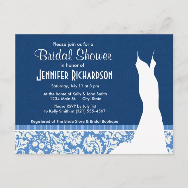 Postal De Invitación Patrón de Damasco Azul (Anverso)