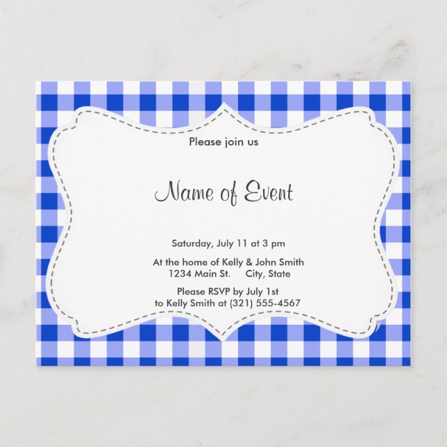 Postal De Invitación Patrón de Gingham azul (Anverso)