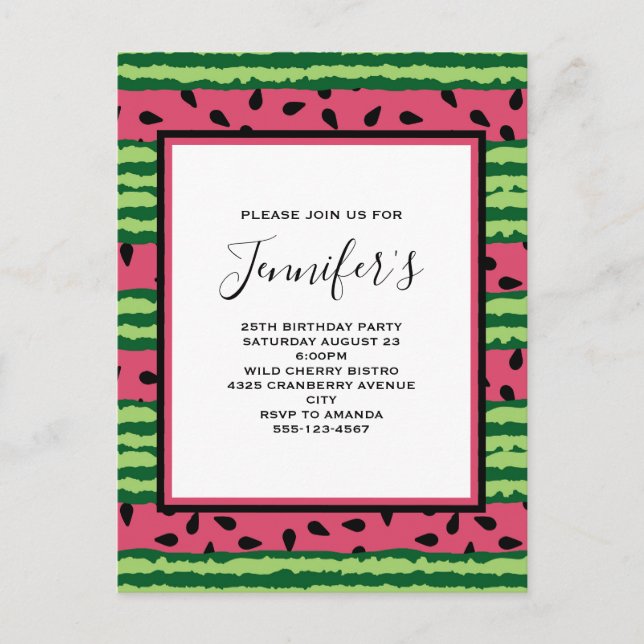 Postal De Invitación Patrón de sandía mate, rosa y verde cumpleaños (Anverso)