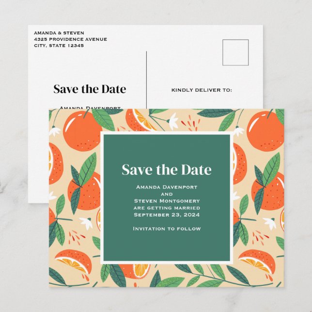 Postal De Invitación Patrón retro de cítricos naranja Guardar fecha (Anverso / Reverso)